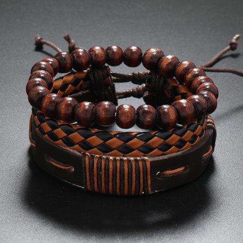 bracelet de cordon en PU , cuir PU, avec bois, trois pièces & multicouche & pour homme, couleur de café, Vendu par fixé