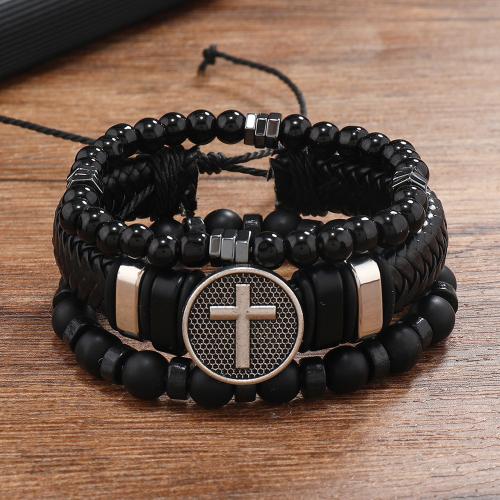 bracelet de cordon en PU , cuir PU, avec Abrazine Stone & alliage de zinc, trois pièces & multicouche & pour homme, noire, Vendu par fixé