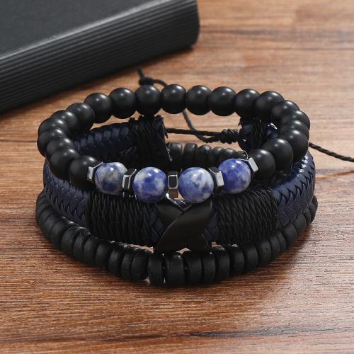 bracelet de cordon en PU , cuir PU, avec Pierre naturelle, fait à la main, trois pièces & multicouche & pour homme, couleurs mélangées, Vendu par fixé