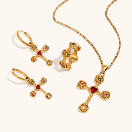 Bijoux strass en acier inoxydable Set, Acier inoxydable 304, Plaqué or 18K, styles différents pour le choix & pour femme & avec strass, Vendu par PC