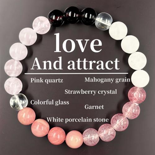 Bracelets en pierres précieuses, quartz rose, avec Des billes de verre & Porcelaine blanche & Strawberry Quartz & grenat, Rond, fait à la main, bijoux de mode & unisexe Environ 6.3-7.87 pouce, Vendu par PC