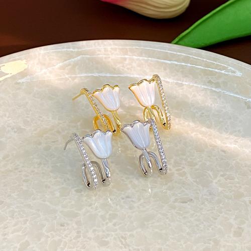 Rhinestone Brass Stud Earring, with Pearl Oyster, plated, fashion jewelry & with rhinestone 