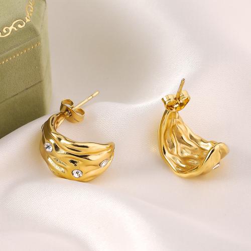 Titanium Steel Earrings, gold color plated, fashion jewelry & with rhinestone, golden 