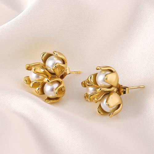 Titanium Steel Earrings, with Shell Pearl, gold color plated, fashion jewelry, golden 