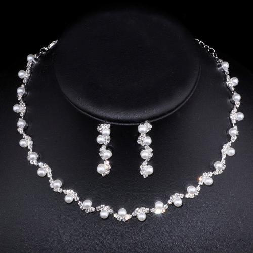 Rhinestone en alliage de zinc bijoux , avec perle de plastique, Placage, styles différents pour le choix & pour femme & avec strass, argent 30 and 15CM tail chain 1.5*4.5CM 19CM, Vendu par fixé