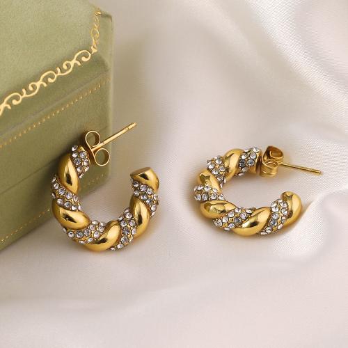 Titanium Steel Earrings, gold color plated, fashion jewelry & with rhinestone, golden 