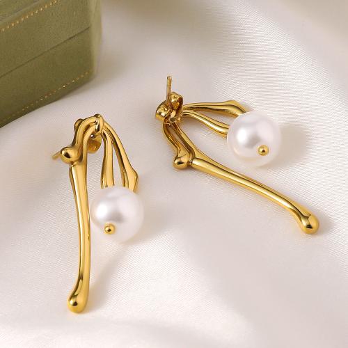 Titanium Steel Earrings, with Plastic Pearl, gold color plated, fashion jewelry, golden 