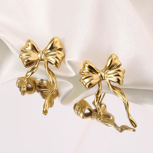 Titanium Steel Earrings, Bowknot, gold color plated, fashion jewelry, golden 