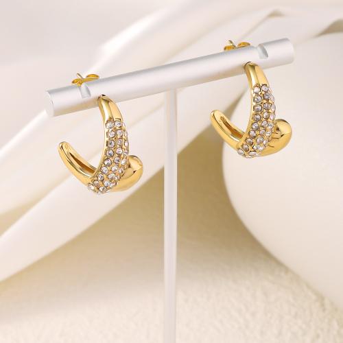 Titanium Steel Earrings, gold color plated, fashion jewelry & with rhinestone, golden 