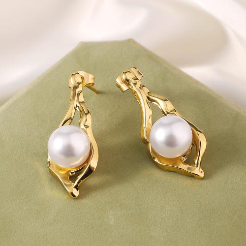 Titanium Steel Earrings, with Plastic Pearl, gold color plated, fashion jewelry, golden 