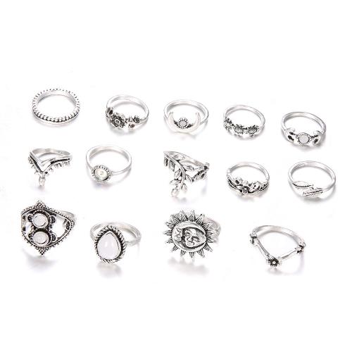 Zink-Legierung Ring Set, Zinklegierung, mit Edelstein, plattiert, 14 Stück & für Frau & mit Strass, Silberfarbe, verkauft von setzen