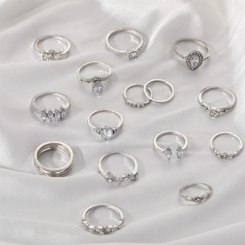 Zink-Legierung Ring Set, Zinklegierung, plattiert, 15 Stück & für Frau & mit Strass, Silberfarbe, verkauft von setzen