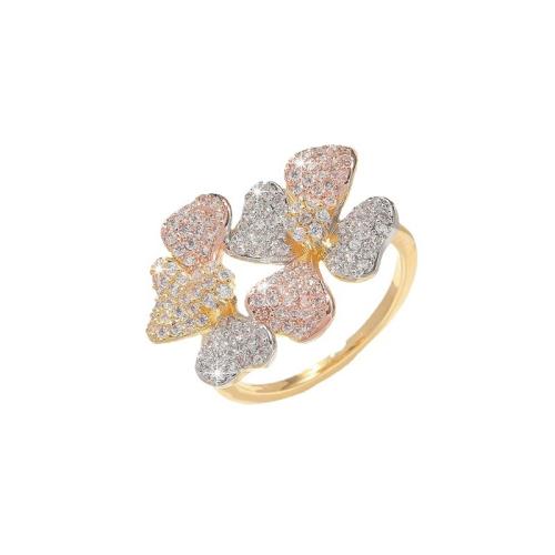 Zircon pavent l'anneau en laiton de doigt, fleur, Placage, normes différentes pour le choix & pavé de micro zircon & pour femme & creux, Vendu par PC