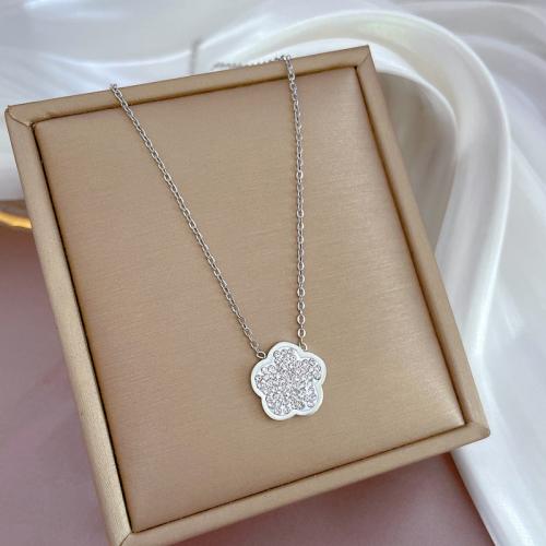 Titanium Steel Jewelry Necklace, petals, Vacuum Ion Plating, micro pave cubic zirconia & for woman, silver color Approx 21-50 cm 