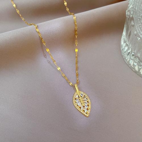 Titanium Steel Jewelry Necklace, with Brass, Leaf, plated, micro pave cubic zirconia & for woman, gold Approx 21-50 cm 