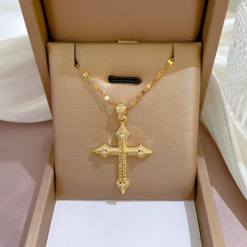 Titanium Steel Jewelry Necklace, with Brass, Cross, plated, micro pave cubic zirconia & for woman, gold Approx 21-50 cm 