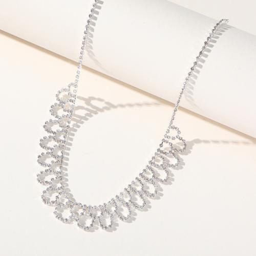 Rhinestone Brass Necklace, plated, for woman & with rhinestone, silver color Approx 21-50 cm 