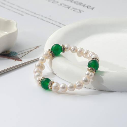 Bracelets de perles, perle d'eau douce cultivée, avec Calcédoine verte, pour femme & avec strass .5 cm, Vendu par PC[