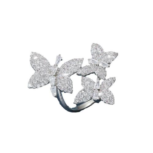 Zircon pavent l'anneau en laiton de doigt, papillon, Placage, bijoux de mode & pavé de micro zircon & pour femme, argent, Vendu par PC