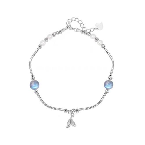 Bracelets en laiton, avec Moonstone & perle de plastique, avec 3CM chaînes de rallonge, Placage, pour femme, argent Environ 16 cm, Vendu par PC