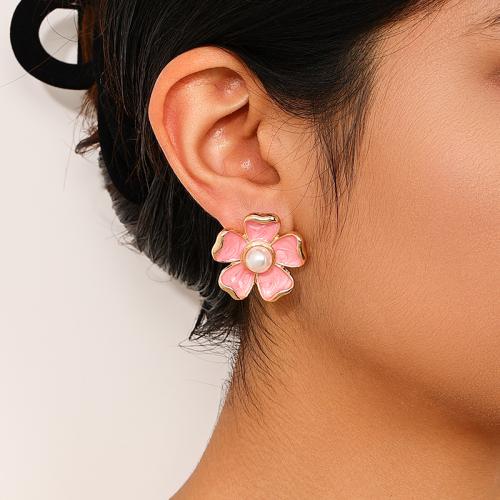 Arete de aleación de cinc de esmalte, aleación de zinc, con Perlas plásticas, Pétalos, chapado, para mujer, Rosado, Vendido por Par