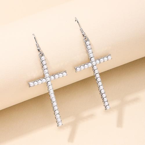 Plastic Pearl Zinc Alloy Earring, with Plastic Pearl, Cross, plated, for woman [