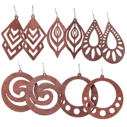 Boucle d'oreille en bois, gravé, 5 pièces & pour femme & creux, rouge, Vendu par fixé