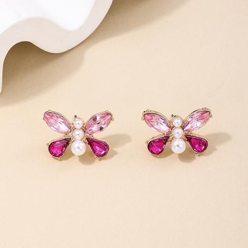 Cubic Zircon (CZ) Stud Earring, Zinc Alloy, with Plastic Pearl, Butterfly, plated, micro pave cubic zirconia & for woman, pink 