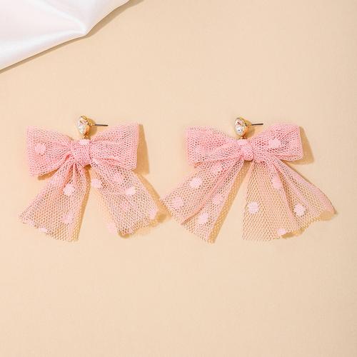 Fashion Create Jewelry Earring, Zinc Alloy, with Gauze, Bowknot, plated, micro pave cubic zirconia & for woman, pink 