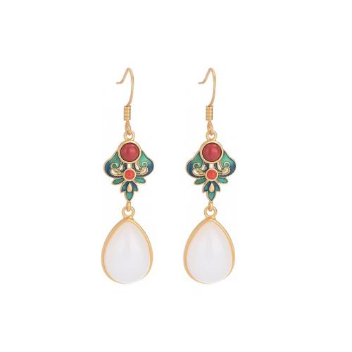 Brass Drop Earring, with Synthetic Jade, plated, vintage & for woman, golden, 50mm [