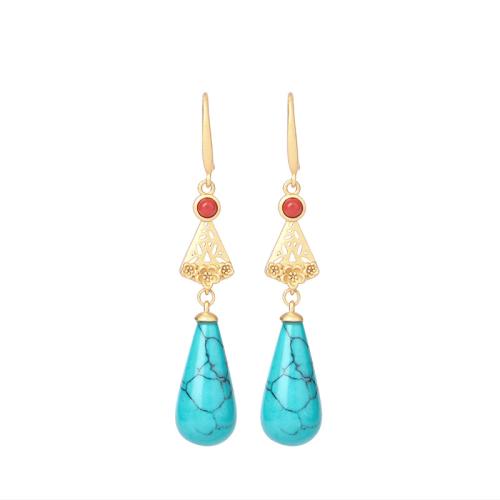 Brass Drop Earring, with Synthetic Turquoise, vintage & for woman, golden, 56mm [