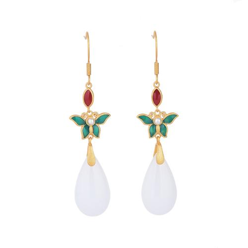 Brass Drop Earring, with Synthetic Jade & Plastic Pearl, vintage & for woman & enamel, golden, 62mm [