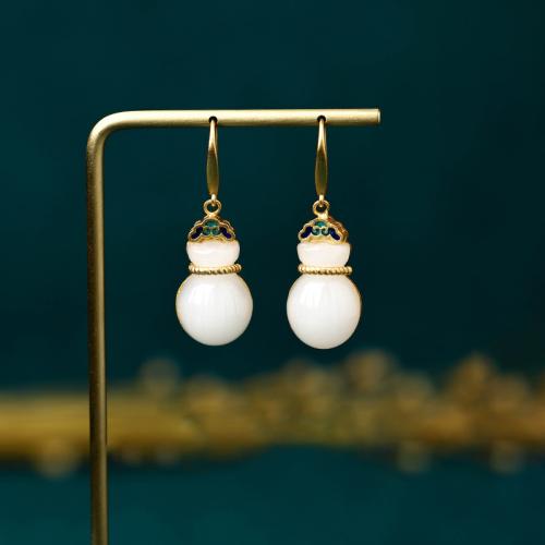 Brass Drop Earring, with Synthetic Jade, vintage & for woman & enamel, golden, 39mm [