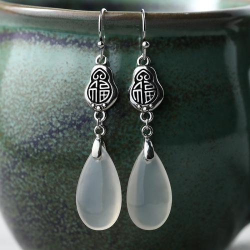 Brass Drop Earring, with Synthetic Jade, vintage & for woman, silver color, 52mm [