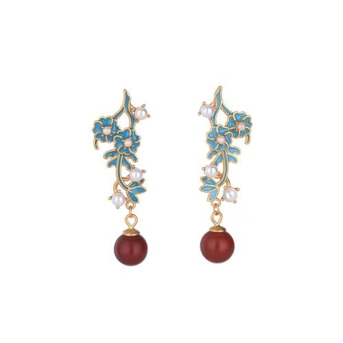 Brass Drop Earring, with Synthetic Jade & Plastic Pearl, plated, vintage & for woman & enamel, golden, 42mm [