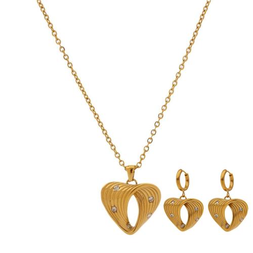 Bijoux strass en acier inoxydable Set, Acier inoxydable 304, coeur, Placage, styles différents pour le choix & pour femme & avec strass & creux, doré, Vendu par fixé