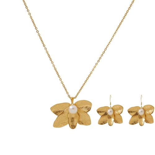 Conjuntos de joyería de acero inoxidable, acero inoxidable 304, con Perlas plásticas, Flor, chapado, diferentes estilos para la opción & para mujer, dorado, Vendido por UD