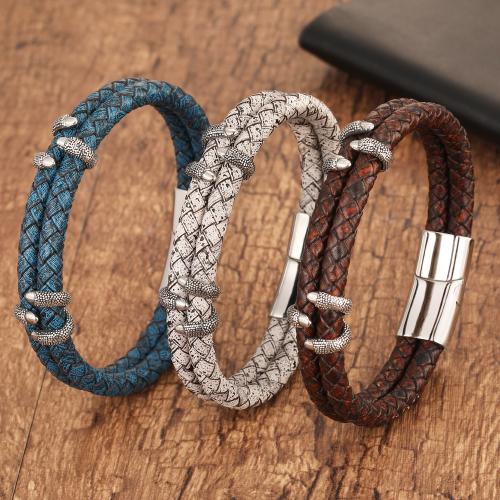 Pulsera de cuero , Cuero de vaca, con acero inoxidable 304, chapado, Doble capa & longitud diferente para la opción & para hombre, más colores para la opción, Vendido por UD