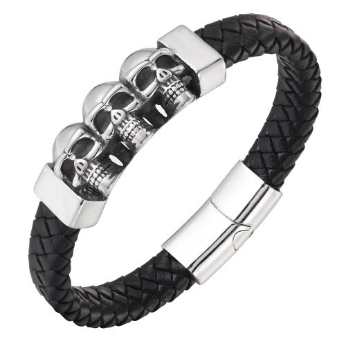 Pulsera de cuero , Cuero de vaca, con acero inoxidable 304, pulido, Joyería & longitud diferente para la opción & para hombre, Negro, Vendido por UD