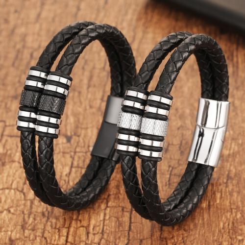 Pulsera de cuero , Cuero de vaca, con acero inoxidable 304, pulido, Doble capa & longitud diferente para la opción & para hombre, Negro, Vendido por UD