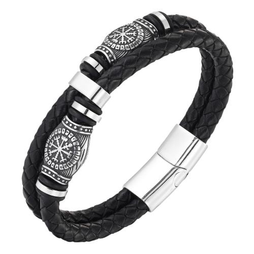 Pulsera de cuero , Cuero de vaca, con acero inoxidable 304, pulido, Doble capa & Joyería & para hombre, Negro, Vendido por UD