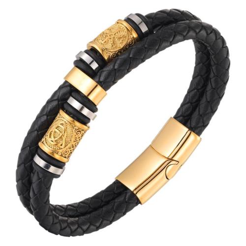 Pulsera de cuero , Cuero de vaca, con acero inoxidable 304, chapado, Doble capa & longitud diferente para la opción & para hombre, dorado, Vendido por UD