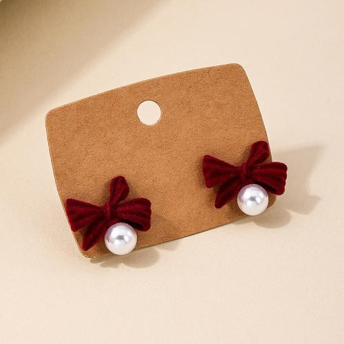 Fashion Create Jewelry Earring, Flocking Fabric, with Plastic Pearl, Bowknot, plated, for woman, red 