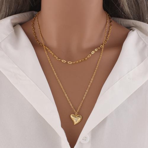 Collar de latón hecho a mano, metal, Corazón, chapado en color dorado, Doble capa & para mujer, libre de níquel, plomo & cadmio, longitud:39.5 cm, Vendido por UD