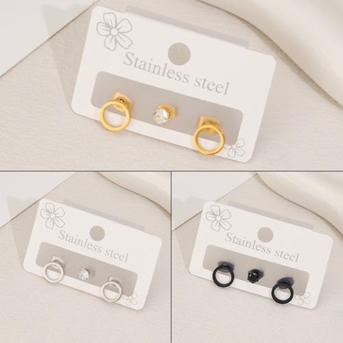 Stainless Steel Cubic Zirconia Stud Earring, 304 Stainless Steel, with Cubic Zirconia, plated, three pieces & for woman & hollow 