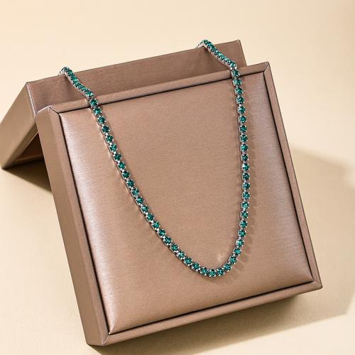 Rhinestone Zinc Alloy Necklace, plated, for woman & with rhinestone, green [