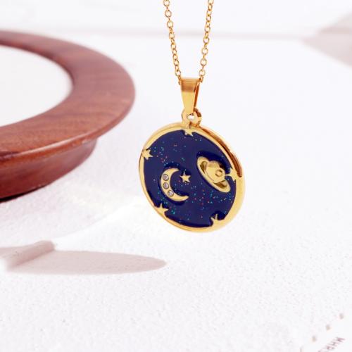 Titanium Steel Jewelry Necklace, Round, gold color plated, micro pave cubic zirconia & for woman & enamel, blue cm 