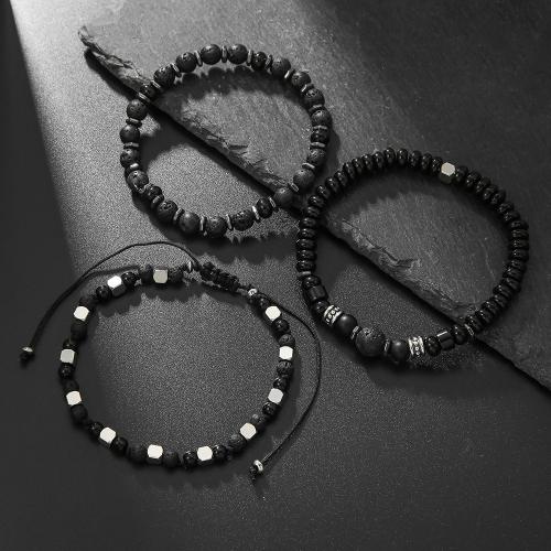 Bracelets en pierres précieuses, lave volcanique, avec Cordon de noeud & Hématite, trois pièces & unisexe, noire, Vendu par PC