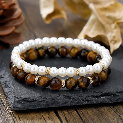 Bracelets en pierres oeil de tigre, avec perle de plastique, 2 pièces & pour femme, Vendu par PC