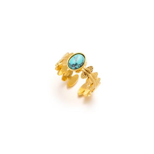 Stainless Steel Finger Ring, 304 Stainless Steel, with turquoise, 18K gold plated, fashion jewelry & for woman, Diameter :20.35mm. 